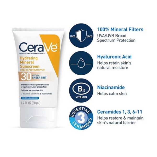 CeraVe Hydrating Mineral Sunscreen SPF 30 Face Sheer Tint 50ml - Image 5