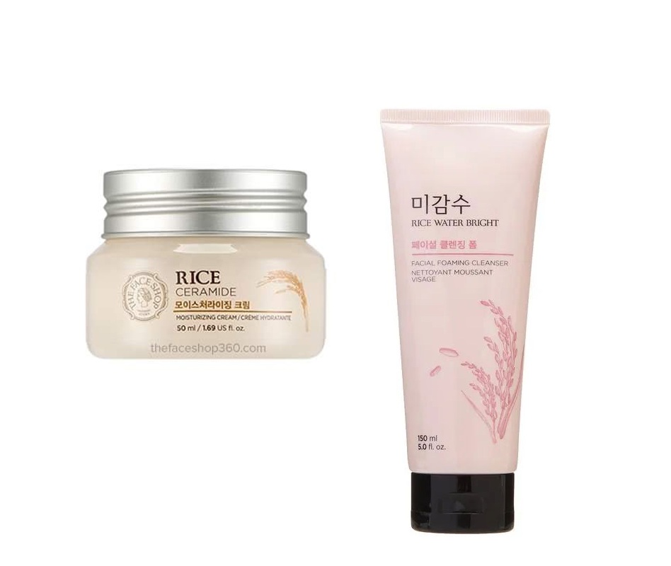Face Shop Rice Water Bright Foaming Cleanser 50ml + Rice Ceramide Moisture Cream 50ml